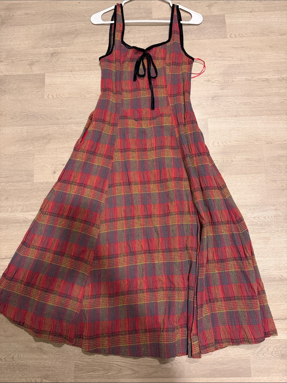 Free People Freya Midi Dress Red Plaid with Velvet trim